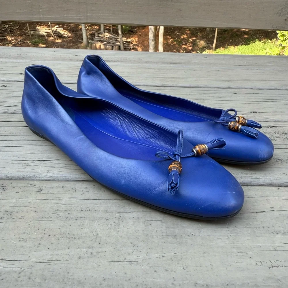 Gucci Blue Leather Bamboo Bow Ballet Flats Size 40 - Picture 2 of 16